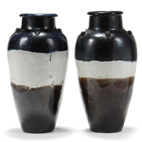 A Pair of Tall Chinese Style Glazed Terracotta Floor Urns
