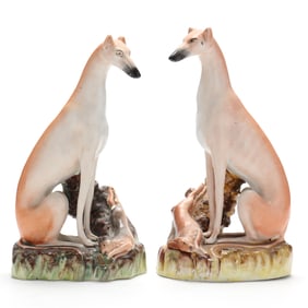 A Large Facing Pair of Staffordshire Whippets with Hare