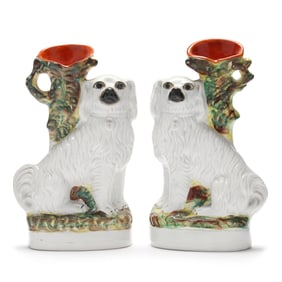A Pair of Staffordshire Spaniel Spill Vases