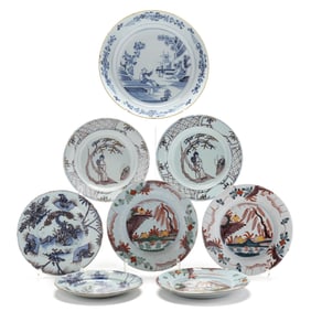 A Group of Eight Delft Plates With Chinoiserie Decoration