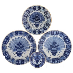 Four Dutch Delft Blue and White 'Peacock Feather Pattern' Plates