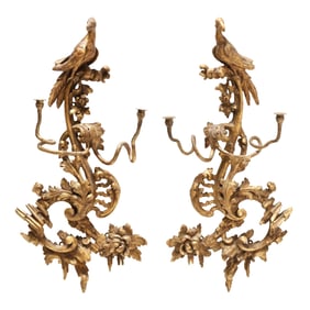 A Pair of Rococo Style Giltwood Phoenix Wall Sconces