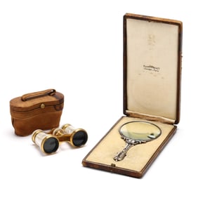 Antique Cased Sterling Magnifying Lens and Pair of Opera Glasses