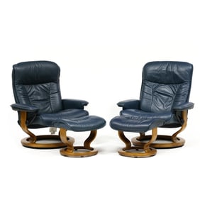 Pair of Ekorness, Stressless Leather Lounge Chairs and Ottomans