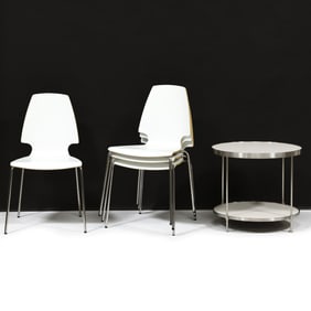 Four Modernist White Laminate Chairs and Side Table