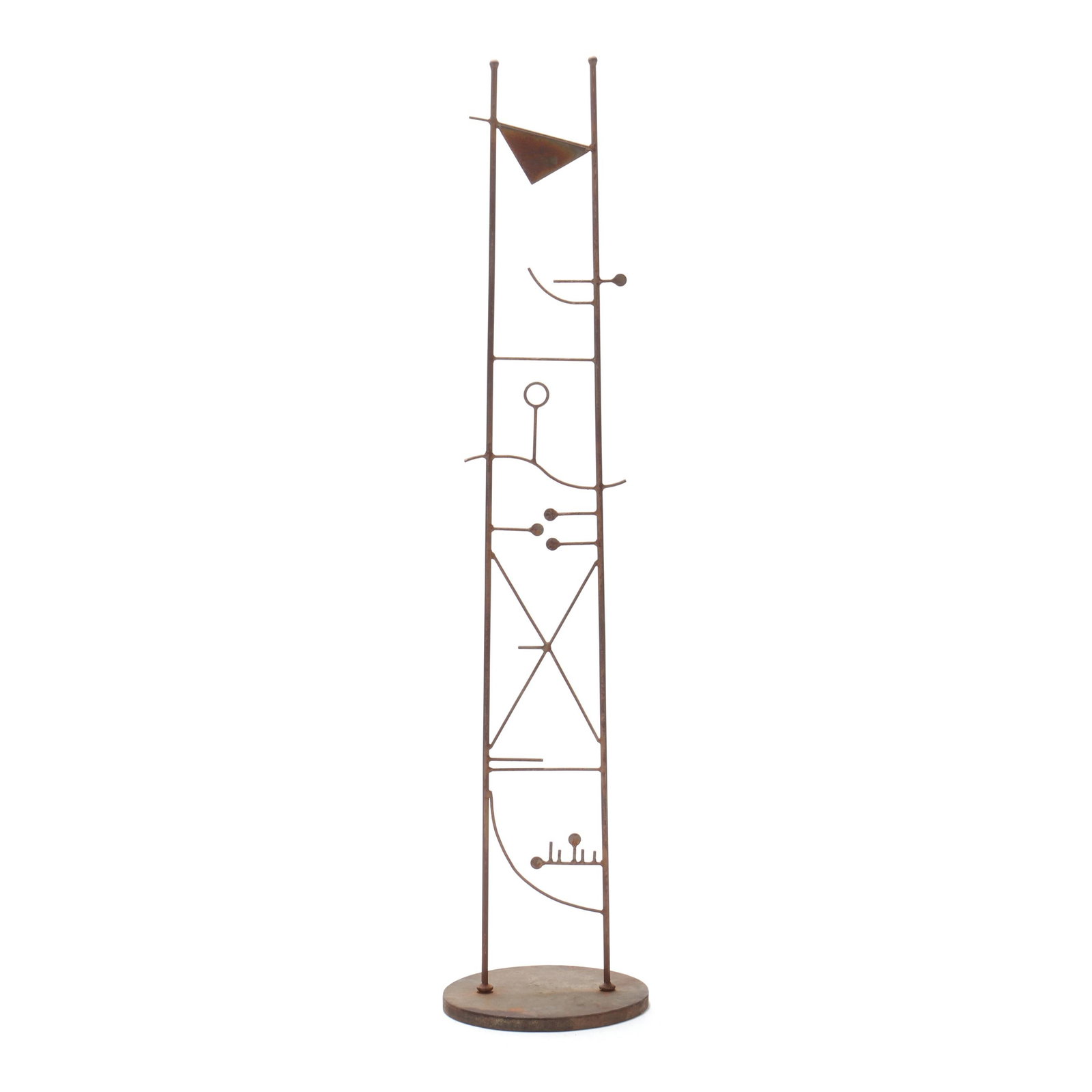 A Melotti Style 6 Ft. Modernist Steel Sculpture: A Melotti Style 6 Ft. Modernist Steel Sculpture mid-century, fabricated steel, gridded with geometric motifs mounted atop a round base. 73 x 16 x 16 in. Additional high-resolution photos are available