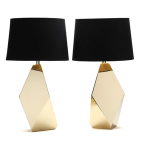 A Pair of Modernist Geometric Brass Table Lamps