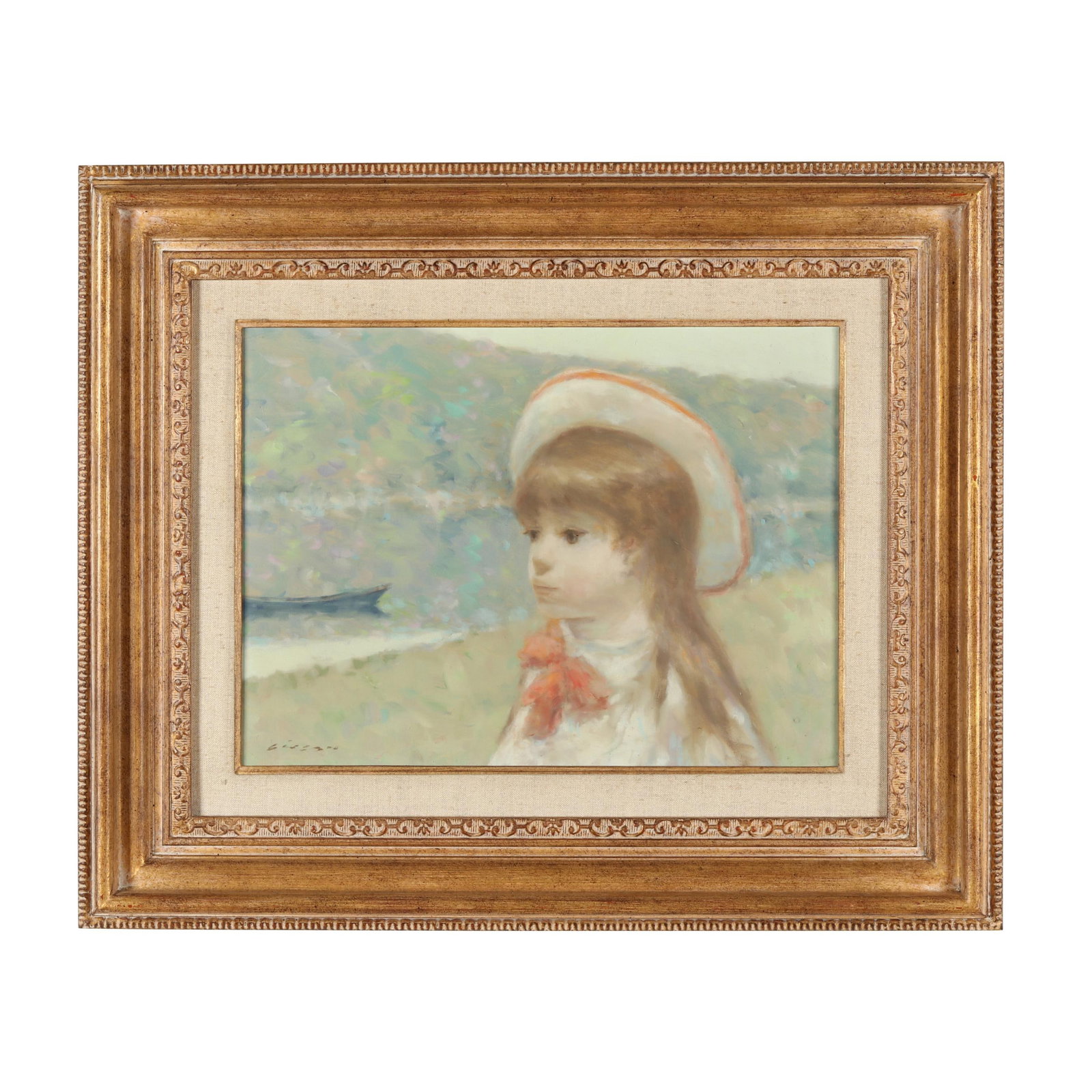 André Gisson (American, 1921-2003), Young Girl with a Hat: André Gisson (American, 1921-2003), Young Girl with a Hatoil on canvas, signed at lower left, presented in a giltwood frame. Stretcher size 12 x 16 in.; Frame dimensions 20 1/4 x 24 1/4 in. Born Ande