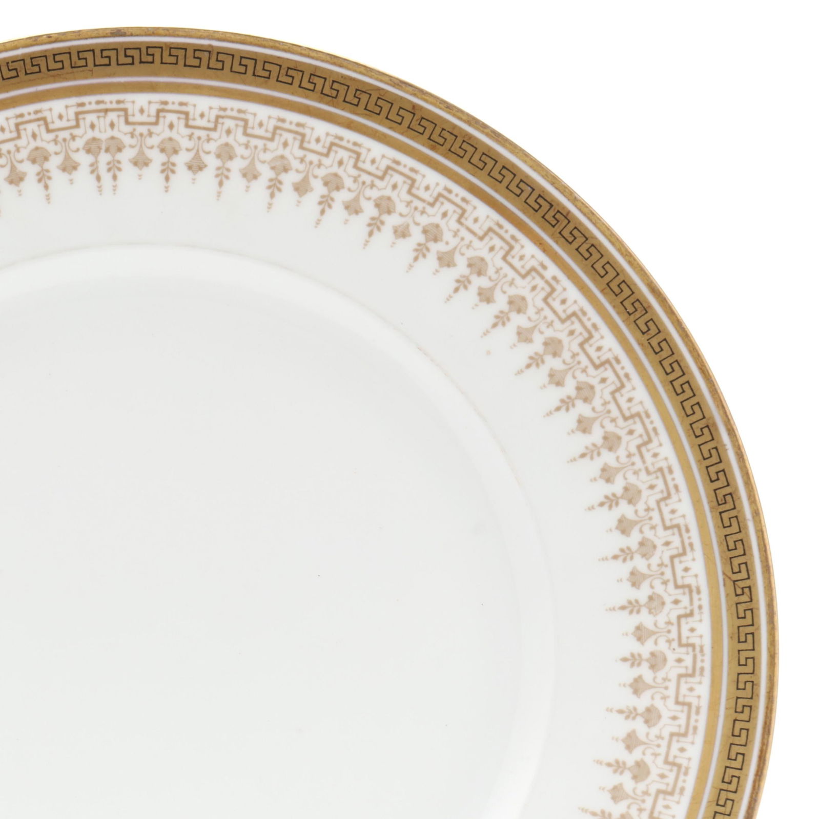 Bernardaud / D & C Limoges Luncheon Service: Bernardaud / D & C Limoges Luncheon ServiceFrance, late 19th century, (86) pieces with black Greek key pattern on gilt and filigree, to include: (10) luncheon plates (9 3/4 in.); (6) salad plates (8 1