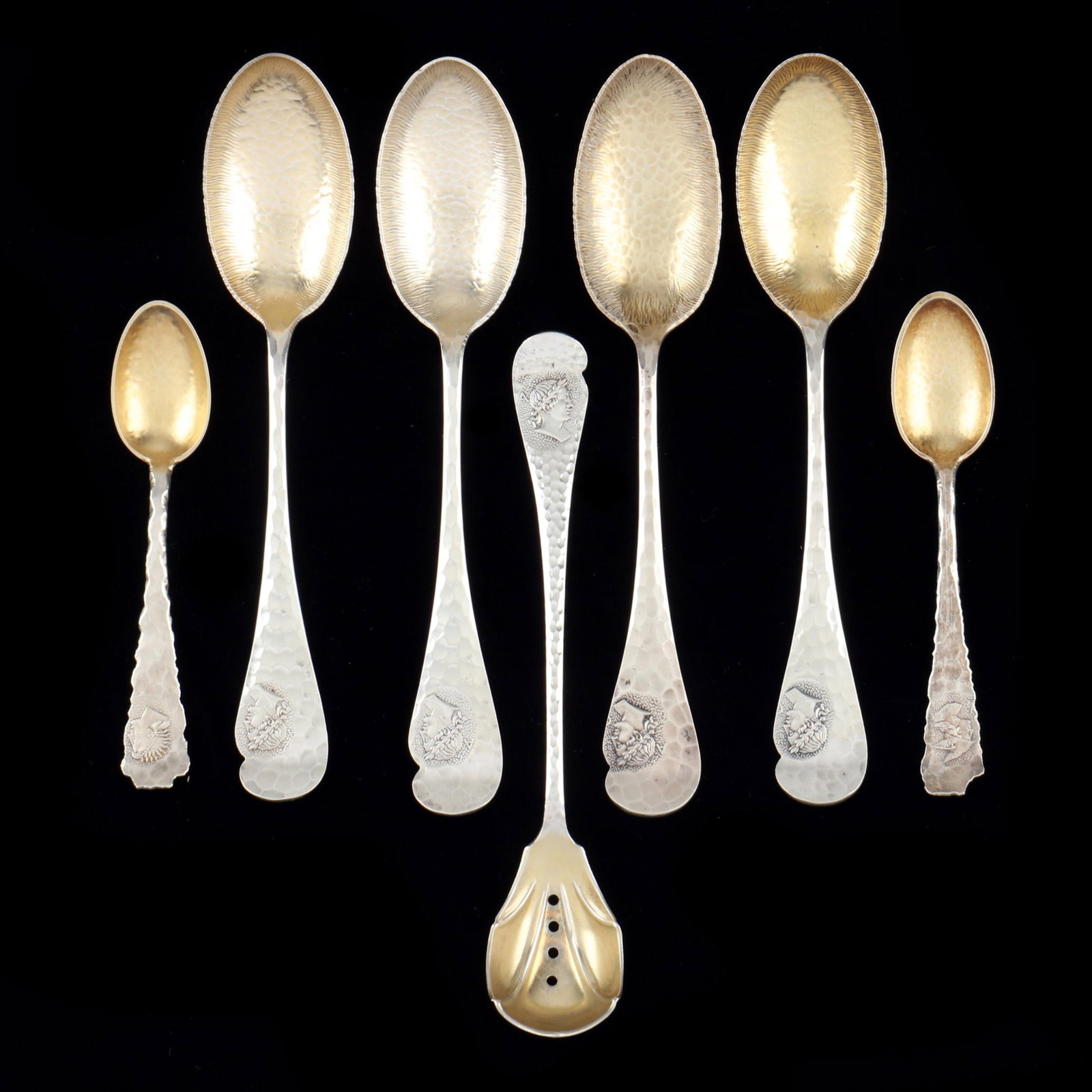 Collection of Rare Wood & Hughes Hammered Medallion Sterling Silver Spoons (1 of 5)