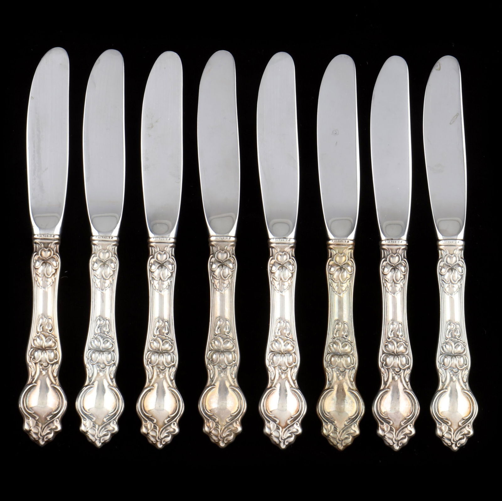 Set of Eight Wallace Violet Sterling Silver Butter Spreaders: Set of Eight Wallace Violet Sterling Silver Butter Spreaderseach with a sterling handle and stainless steel blade, without monograms. 6 1/4 in. Additional high-resolution photos are available at www.