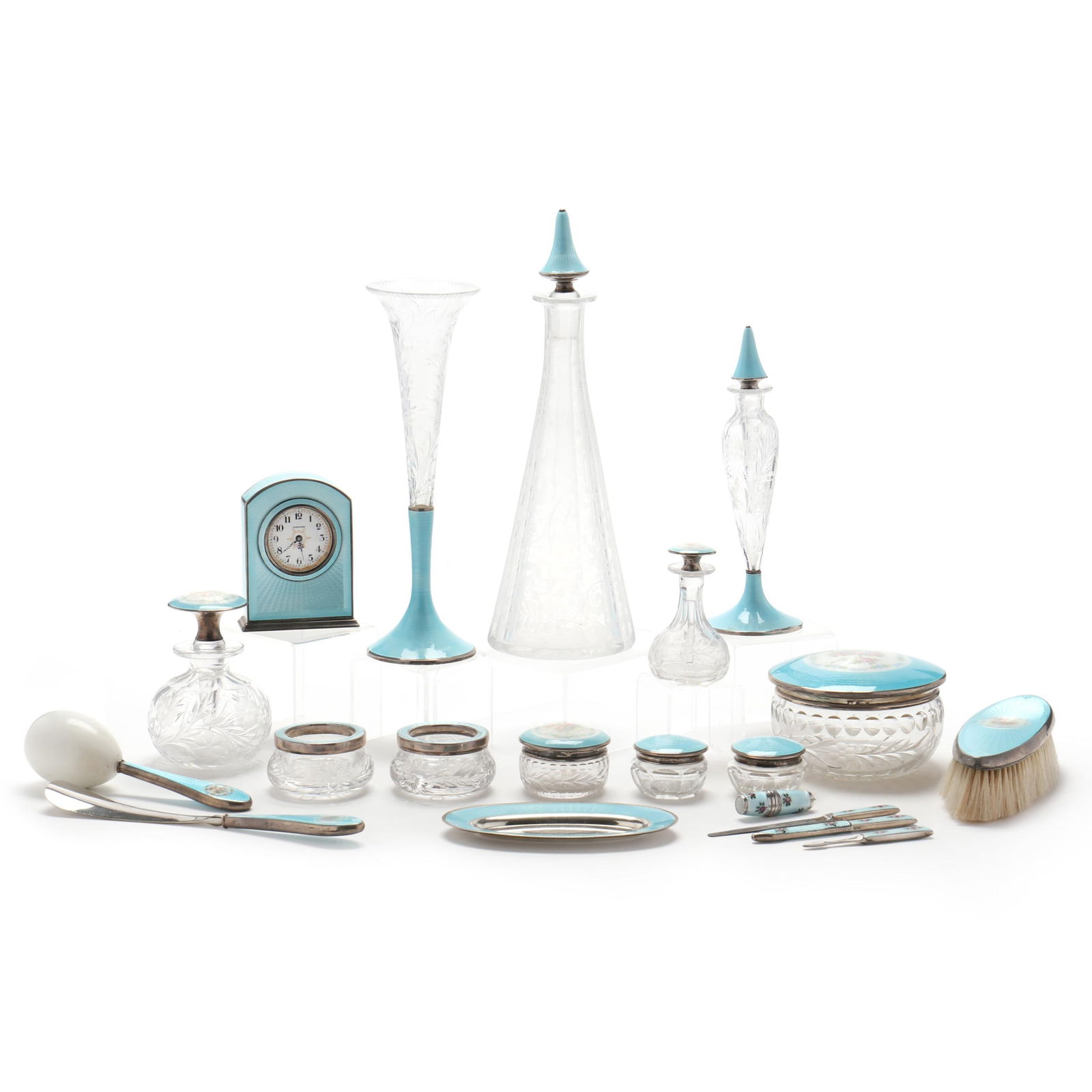 A Large Assembled Enameled Sterling Silver Dresser Set (1 of 20)