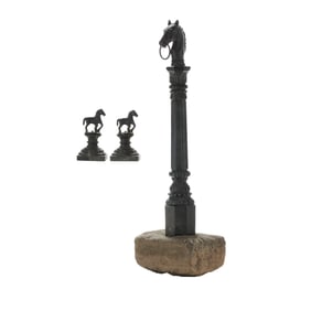 Cast Iron Horse Form Hitching Post and Pair of Finials