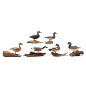 Curtis Waterfield (VA, 1922-2016), Six Miniature Waterfowl On Driftwood