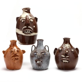 Four Pottery Face Jugs, Fred Beane, Seagrove, NC, Old House Pottery