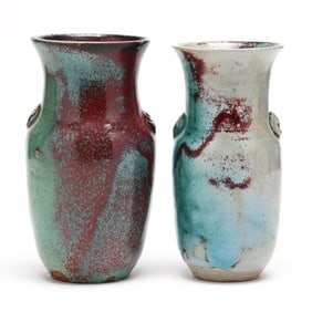 Two Jugtown Chinese Blue Glazed Dogwood Vases