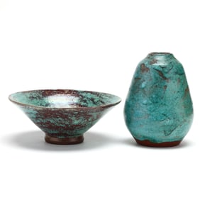 Two Jugtown Pottery Chinese Blue Glazed Vessels