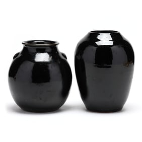 Jugtown Pottery Mirror Black Glaze, Two Vases