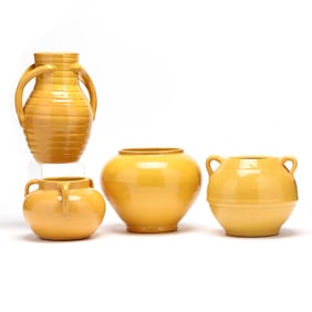 Four JB Cole Pottery Yellow Uranium Glazed Vases