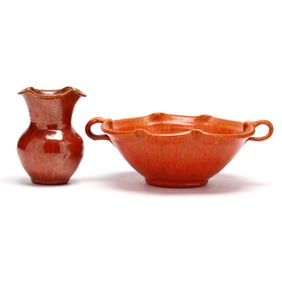 Royal Crown Pottery Chrome Red Glazed Bowl and Vase