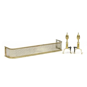 Pair of Lemon Top Brass Andirons with Pierced Fire Fender