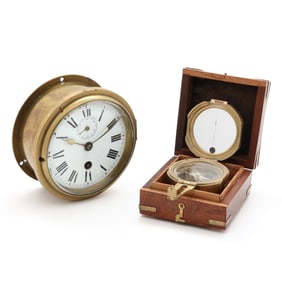 Two Vintage Nautical Instruments, Brass Ship's Clock and Compass