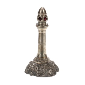Silver-Plated Table Lamp Modeled as a Lighthouse