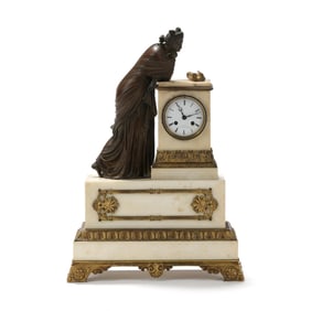 French Empire Bronze and Marble Mantel Clock Figuring Clio, Signed Naudin