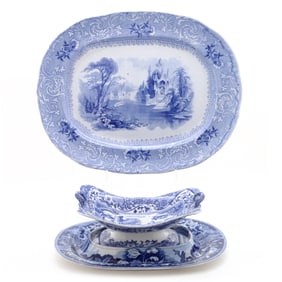 Three Antique English Blue and White Transfer Pottery Items