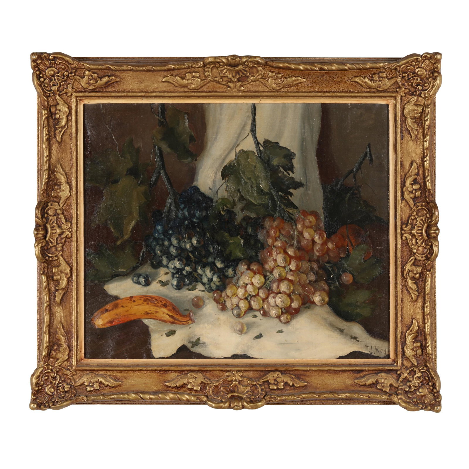 J. Ros (Dutch, 20th century), Still Life with Grapes and a Banana: J. Ros (Dutch, 20th century), Still Life with Grapes and a Banana oil on canvas, signed at lower right, presented in the likely original period frame. Stretcher size 18 x 22 in.; Frame dimensions 24 1