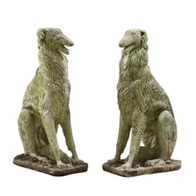 Life-Size Pair of Cast Stone Seated Borzoi