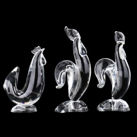 Two Steuben Crystal Roosters and a Hen