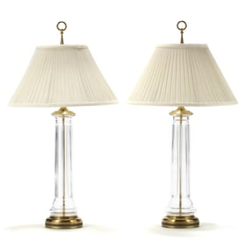 Pair of Columnar Crystal and Brass Table Lamps
