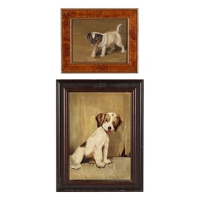 Pair of Vintage Paintings of Terrier Puppies