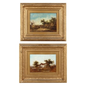 A Near Pair of English School Landscape with Cottages and Figures
