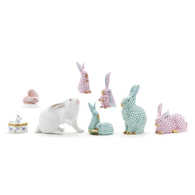 Eight Herend Porcelain Bunny Items