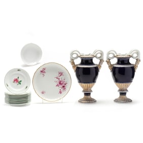 Meissen Group, A Pair of Meissen Snake Handle Urns, several Dishes