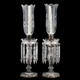Pair of Antique Cut Glass Drop Prim Hurricane Candlesticks