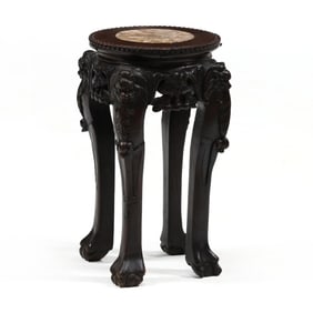 A Diminutive Chinese Carved Wood Table with Marble