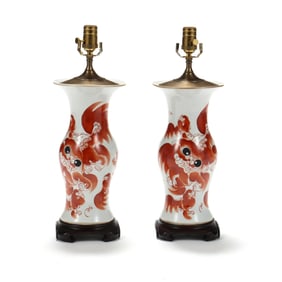 A Pair of Chinese Porcelain Lamps With Foo Lion Decoration