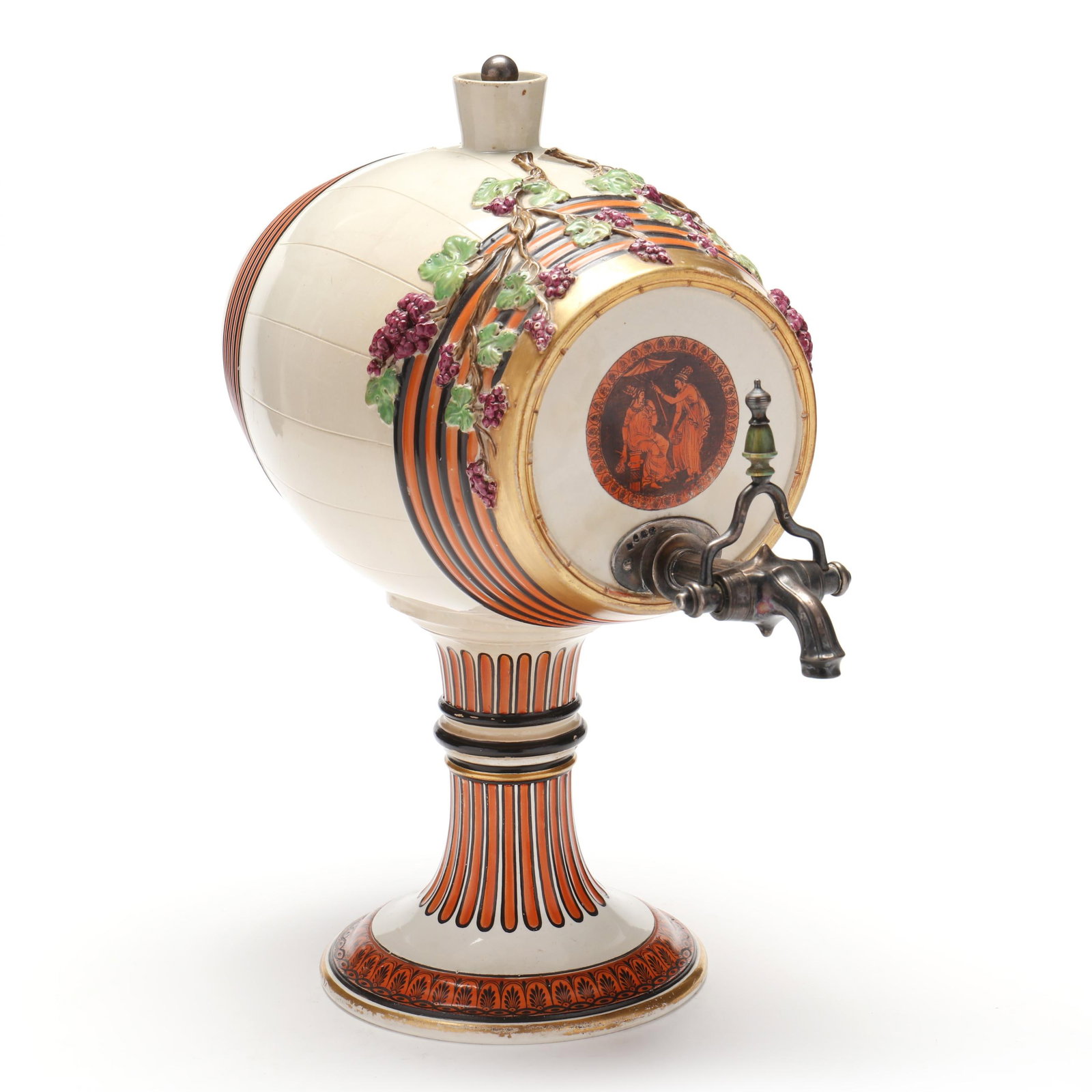 A Robert Wilson Pearlware Spirit Keg: A Robert Wilson Pearlware Spirit KegEnglish, circa 1800, barrel shape molded with inscribed 'staves' and relief molded polychrome grape vines, constructed in two parts, the spirit keg and the stand, i