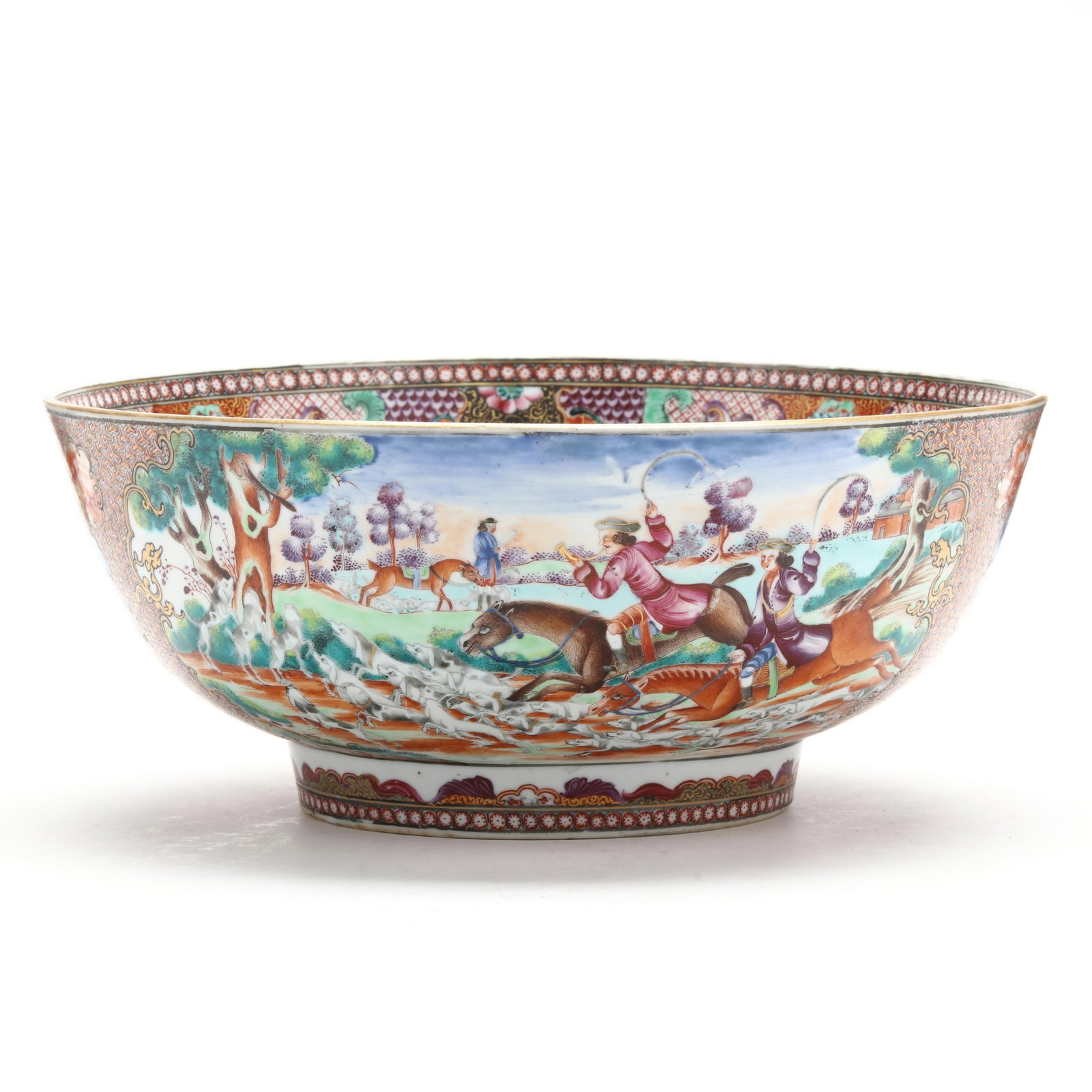 A Chinese Export Porcelain Rose Mandarin Center Bowl with Hunting Scene (1 of 6)