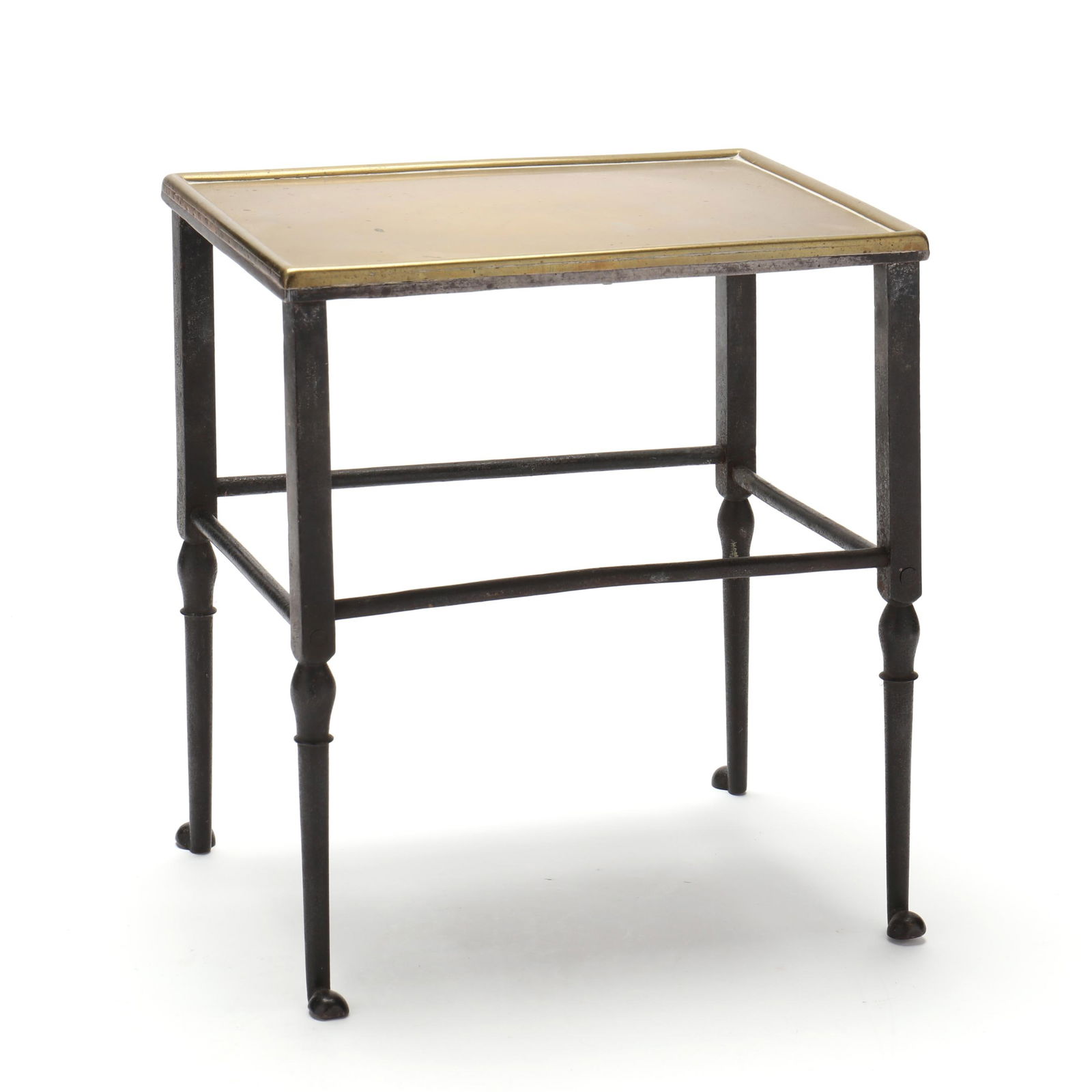 Antique Iron Footed Brass Hearth Trivet: Antique Iron Footed Brass Hearth Trivetlikely English, 18th-early 19th century, rectangular brass top with molded edge, atop a hand-forged iron stand featuring four rectangular upper legs over taperin