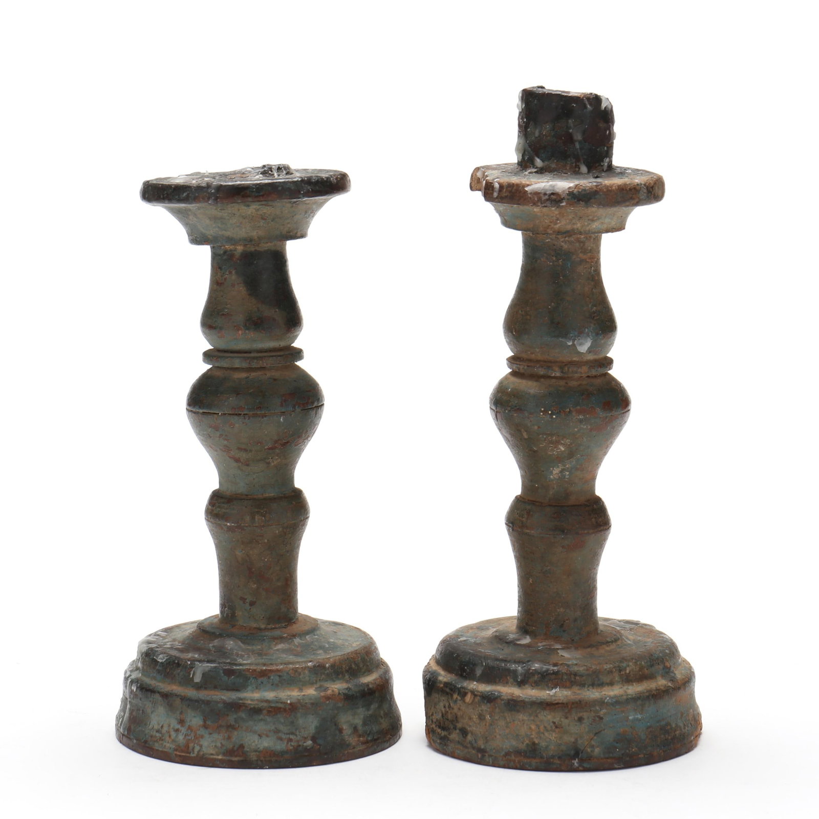 A Pair of Early Polychrome Turned Wood Candle Holders (1 of 4)