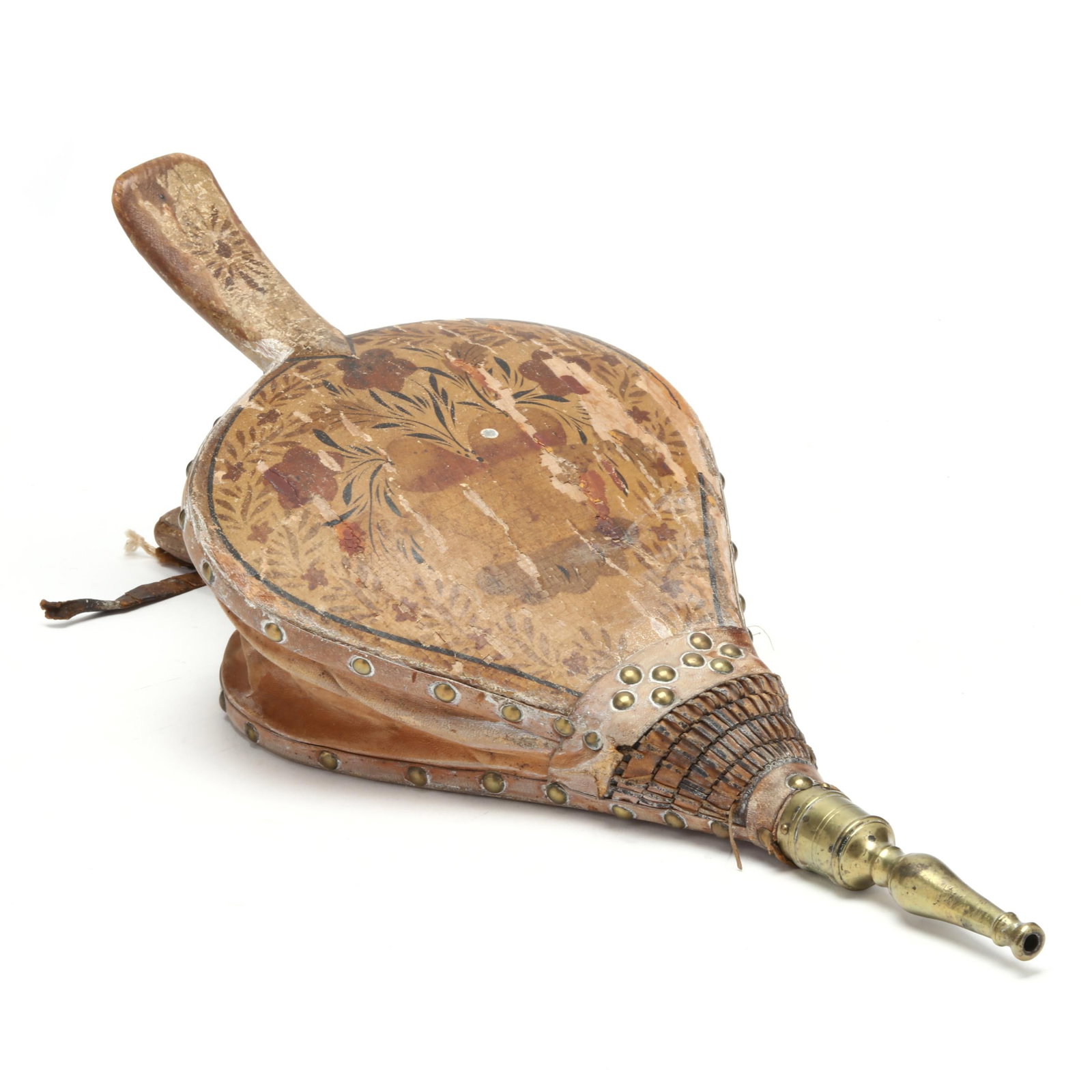 New England Paint-Decorated Bellows: New England Paint-Decorated Bellowscirca 1840, wood, leather and brass, with hand-painted floral and fruit basket decoration, with brass tack edges. 17 3/4 x 7 1/2 x 3 in. The Estate of the late Dr. L