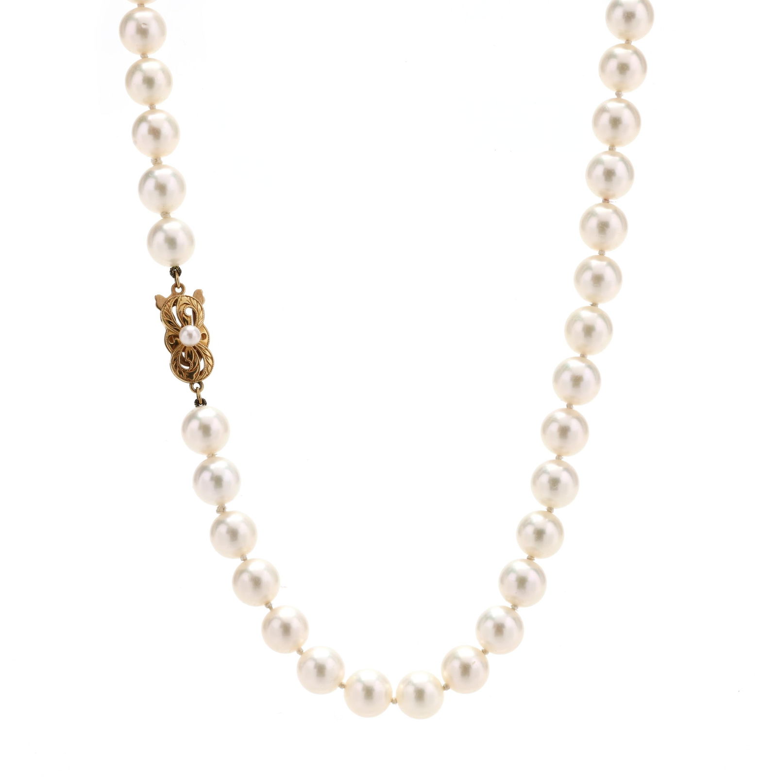 Single Strand Pearl Necklace with Gold and Pearl Clasp, Mikimoto (1 of 4)