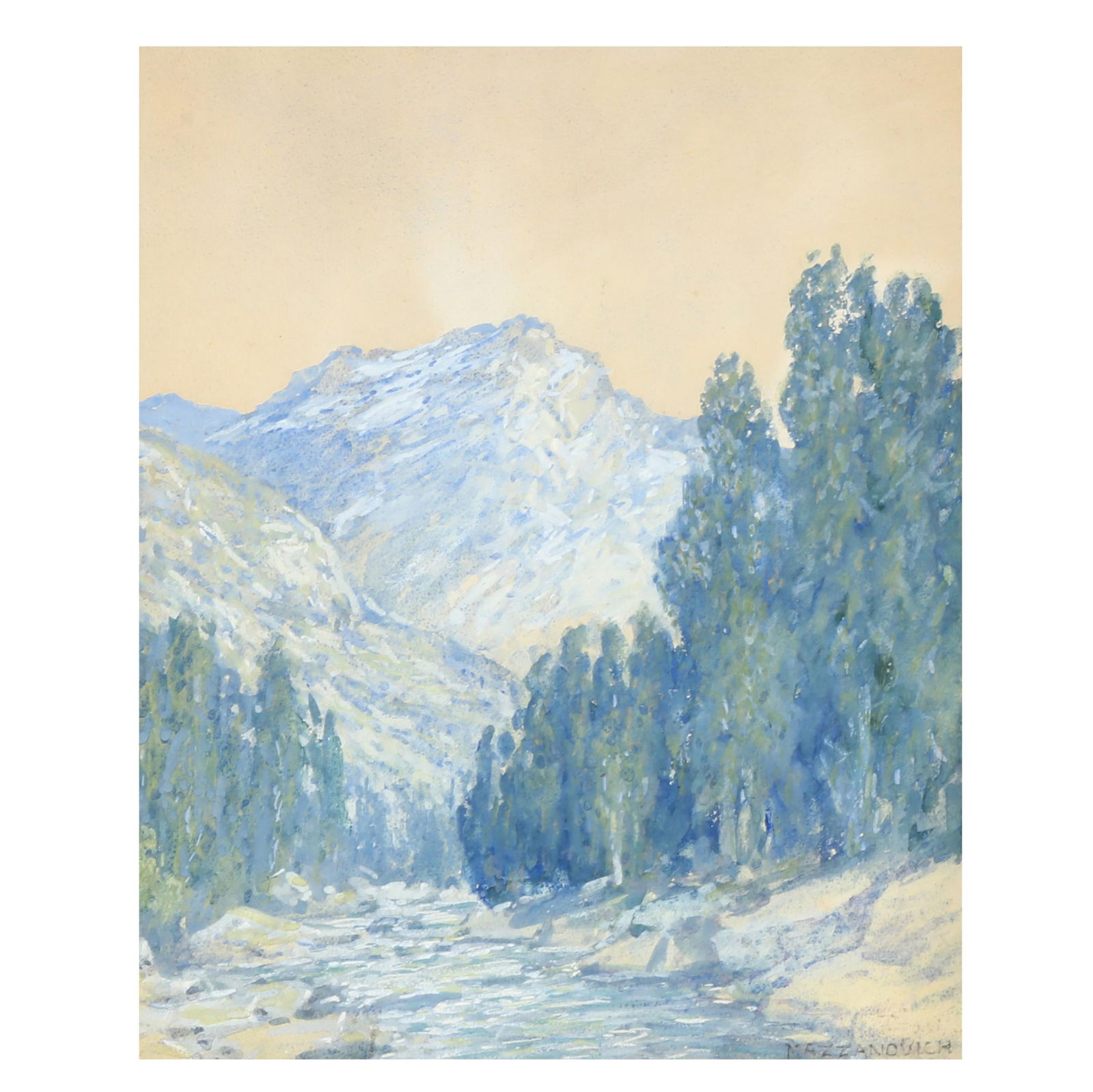 Lawrence Mazzanovich (NC, 1871-1959), Blue Ridge Mountain Landscape: Lawrence Mazzanovich (NC, 1871-1959), Blue Ridge Mountain Landscapegouache on cardboard, pencil signed at lower right, framed below glass. Board 12 1/8 x 10 1/8 in.; Frame dimensions 18 1/8 x 16 in. L