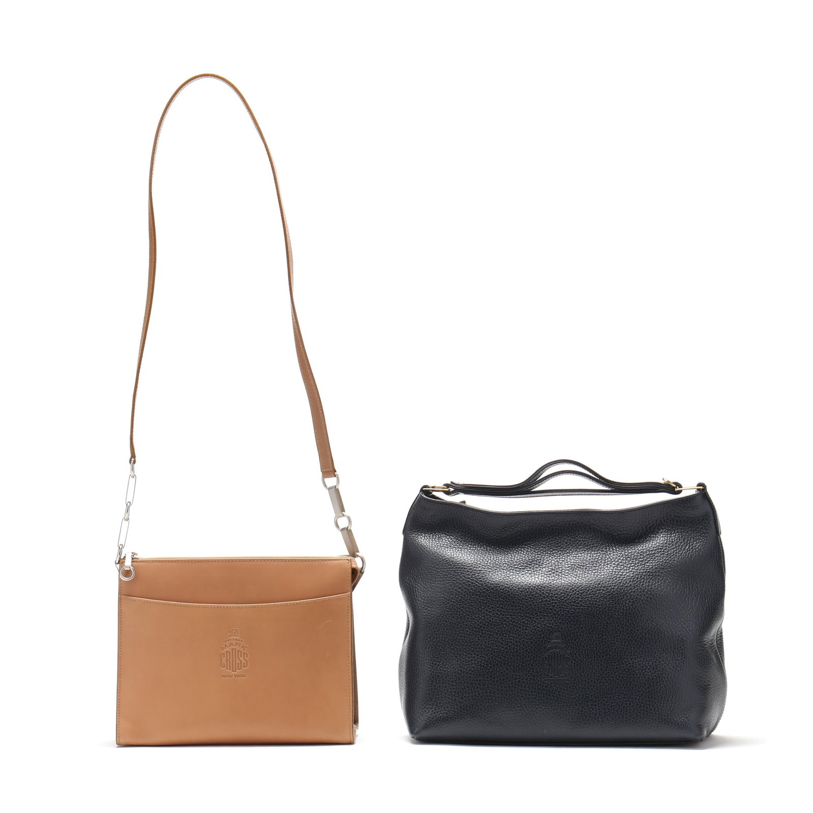 Two Mark Cross Shoulder Bags: Two Mark Cross Shoulder Bagsmade in Italy, the first is crafted of tan leather both smooth and textured, the bag features a front and back outside pocket, a top zipper closure, an interior with one zi