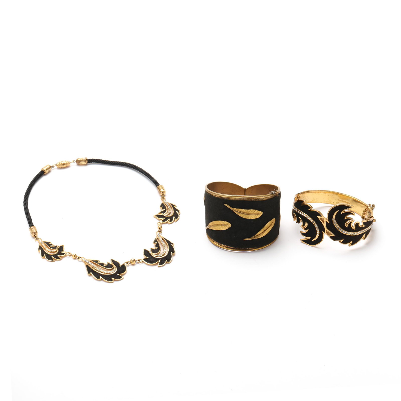 A Brass, Textile, and Gilt Bangle and a Gilt, Textile, and Rhinestone Suite, Henry A La Pensee: A Brass, Textile, and Gilt Bangle and a Gilt, Textile, and Rhinestone Suite, Henry A La Pensee to include: a hinged tapered bangle with gilt leaves on a faux suede ground, completed with pin closure, 