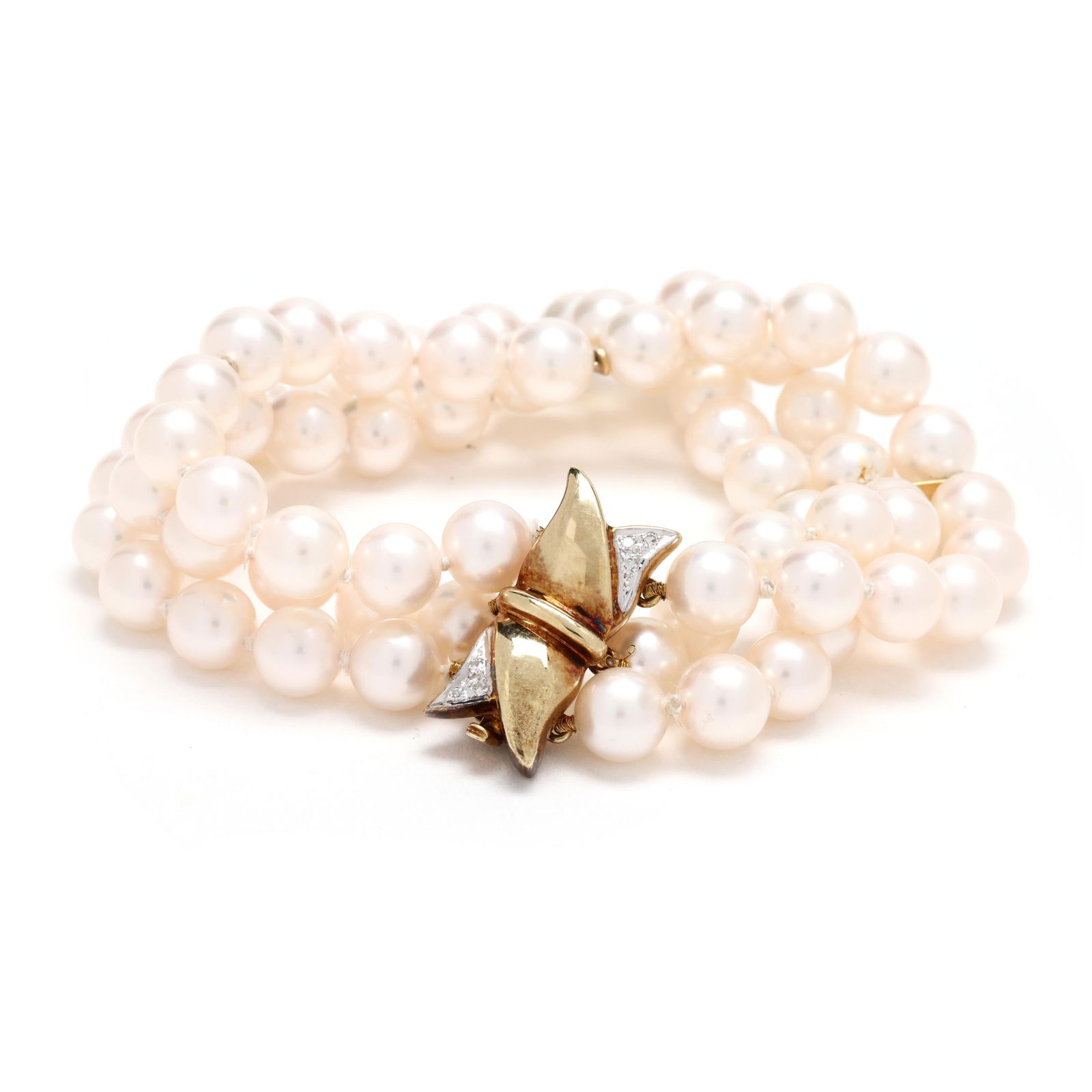 Triple Strand Pearl Bracelet with Gold and Diamond Clasp (1 of 3)